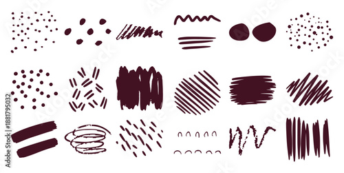 Collection of dark red abstract hand drawn doodle shapes and lines white
