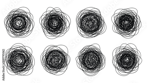 Collection of eight messy black scribbles and tangled line circles representing chaos confusion or artistic abstract elements.