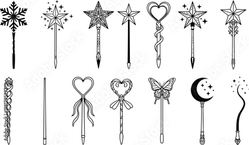 Large collection of black magic wand silhouettes featuring various mystical star heart snowflake and butterfly designs for fairy tale fantasy party invitation and enchanted wizard branding