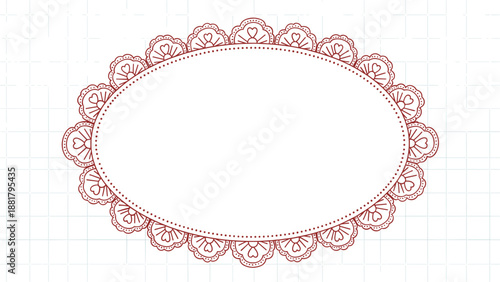 Elegant white oval frame with a delicate brown decorative lace border featuring heart motifs on a subtle grid background.