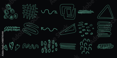 Collection of hand drawn abstract shapes and lines in teal black