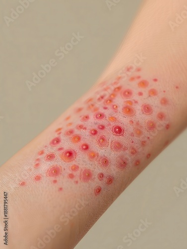 Close-up of skin rash and acne breakouts on arm