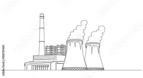 Industrial power plant illustration with cooling towers and smokestack  