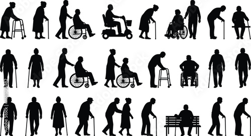 Elderly and disabled silhouettes collection, seniors walking using canes wheelchairs mobility scooters, caregiving assistance scenes, black figures isolated white background