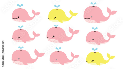 Set of nine cute whale characters in pink and yellow colors with water spouting from their blowholes against a white background.