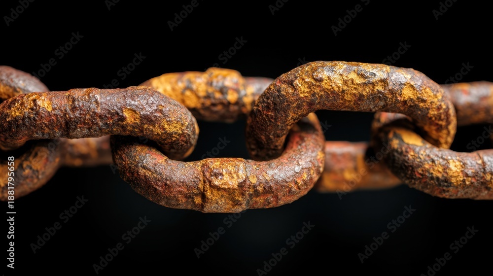 Fototapeta premium Close up of an old rusty metal chain with textured surface. Iron links showing corrosion for industrial concept. Security and strength.