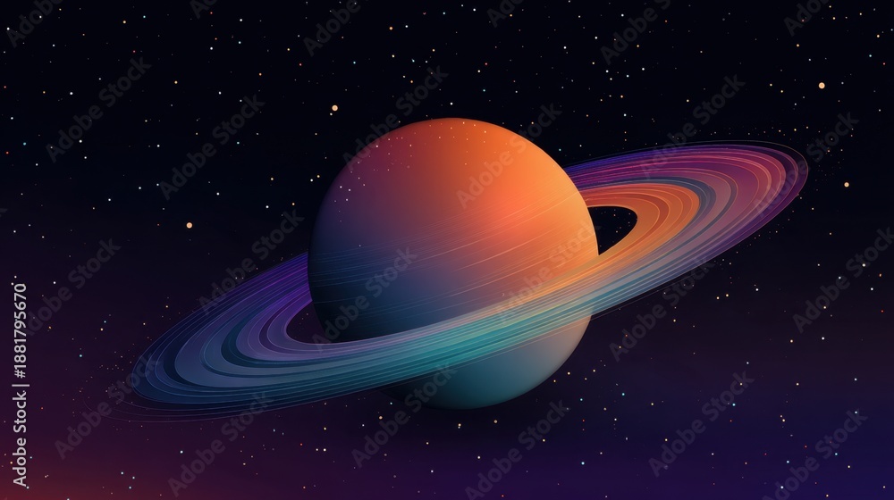 Fototapeta premium Cosmic planet with vibrant rings in star filled galaxy. Illustration of space journey, astronomy exploration, cosmos mystery