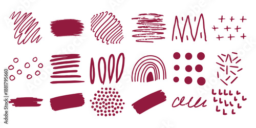 Collection of hand drawn abstract shapes and scribbles in deep red handdrawn doodle