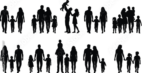 Happy family silhouettes collection, parents with children walking playing together, father mother kids bonding, black figures isolated white background