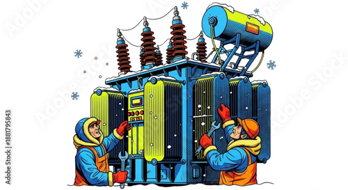 Electricians working on power transformer in winter environment  