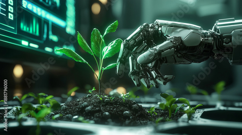 Robotic hand gently touching a young plant in a high-tech environment, futuristic concept of artificial intelligence and sustainable technology.