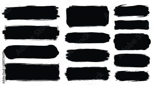 Collection of various thick black paint brush strokes and rectangular ink textures with rough edges for artistic and graphic projects.