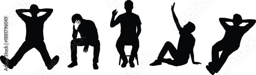 Male silhouette poses set, sitting thinking relaxing gestures, emotional body language collection, black human figures isolated on white background