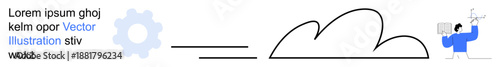 Cloud computing, data storage, innovation, teamwork, brainstorming, creativity. Gear graphic, cloud icon and person interacting with data. Cloud computing and data storage concept
