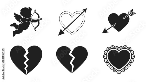Collection of black heart including cupid broken hearts and ornate heart love arrow