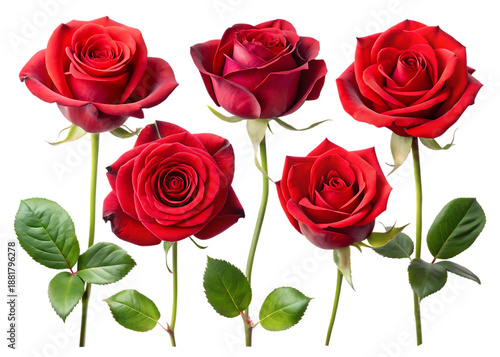 Five Red Roses on Stems with Green Leaves against Black Background