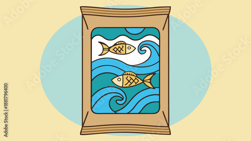 Cartoon package with two fish swimming in waves seafood