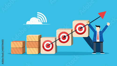 "A row of wooden blocks with black checkmark icons arranged on a bright light blue background. A human hand is seen placing the final wooden block which features a target bullseye with a red arrow in 