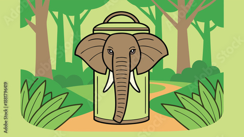 Cartoon elephant head inside a trash can in a forest