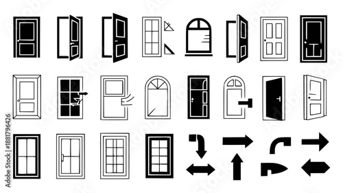 Collection of black and white depicting various doors windows and directional arrows open