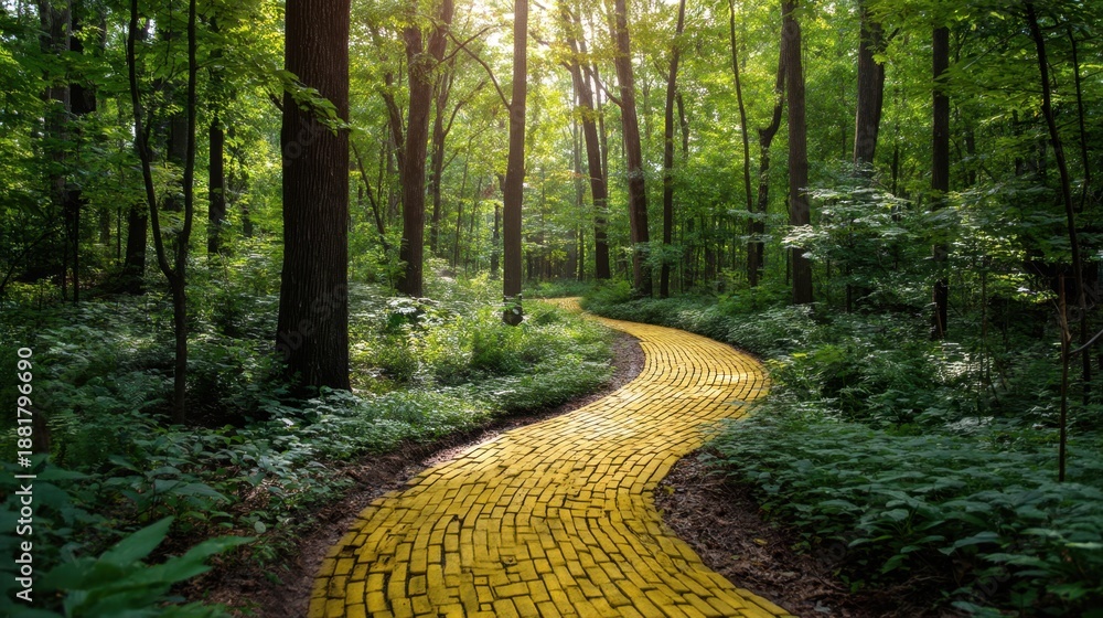 Naklejka premium Yellow brick road winding through a green forest with sunlight filtering through trees. Journey pathway concept for adventure, travel, or fairytale.