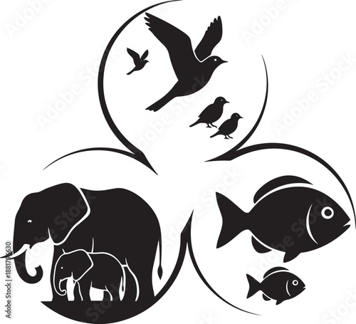 Interlocking animal groups birds elephants and fish flowing arrows design