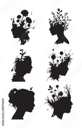 Black silhouettes of women's heads with flowers and plants growing out of them