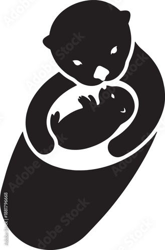 Mother sea otter holding baby pup silhouette illustration on transparent background design