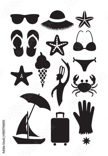 Black silhouettes of summer vacation and beachwear white sunglasses starfish