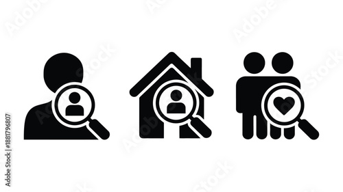 Black silhouette of magnifying glass searching for person house and couple with heart