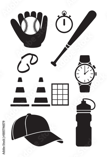 Black silhouettes of baseball equipment and time keeping devices white glove stopwatch
