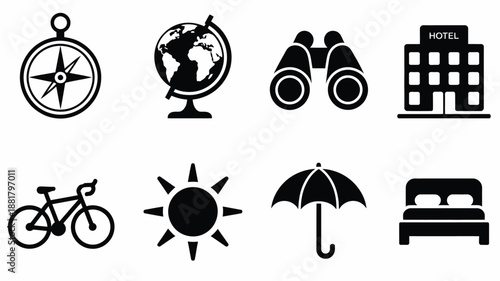 Black and white travel including compass globe binoculars hotel bicycle sun umbrella bed