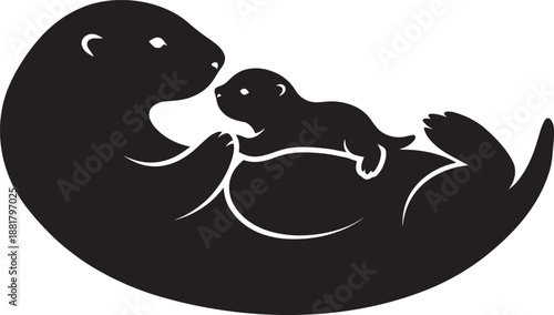 Sea otter floating on back carrying baby pup on stomach silhouette vector wildlife graphic