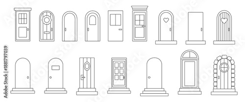 Outline drawing of doors. Set isolated on a white background. Different door shapes for houses. Vector illustration, linear icon. Element of architectural decoration of the building.