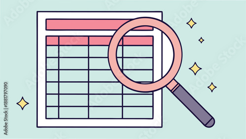 Magnifying glass over spreadsheet with sparkling stars