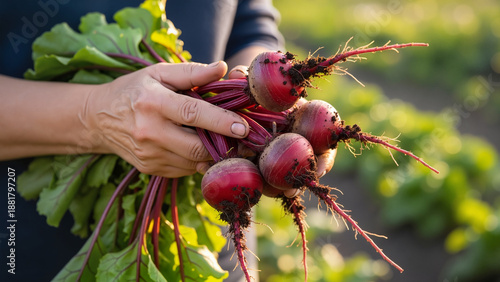 Woman holding freshly harvested beetroots in hands outdoors  
