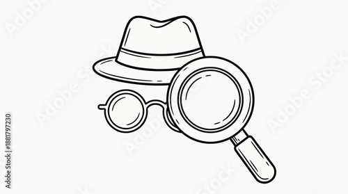 Black and white line of a fedora hat round glasses and magnifying glass