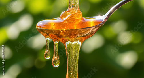 Wallpaper Mural Golden Honey Drip: Sweet Nectar Flow in Spoon Against Green Backdrop Torontodigital.ca