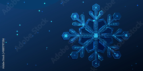 A striking blue background features a large polygonal snowflake design