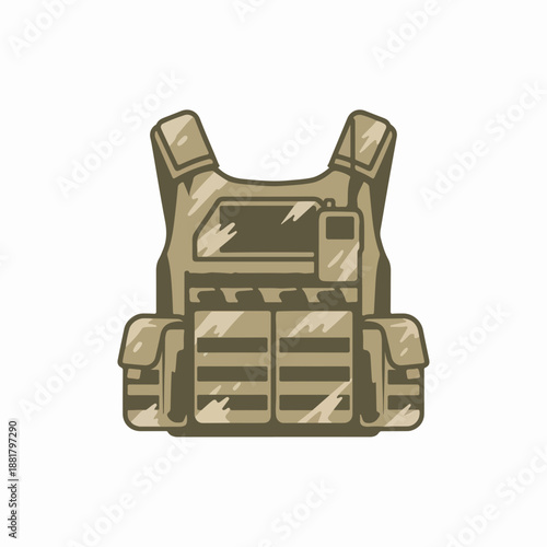 Tactical body armor vest vector illustration. Desert camouflage plate carrier with MOLLE webbing. Military gear and security equipment graphic isolated on white