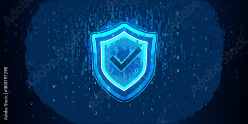 Digital security shield with a checkmark symbol representing safety and protection