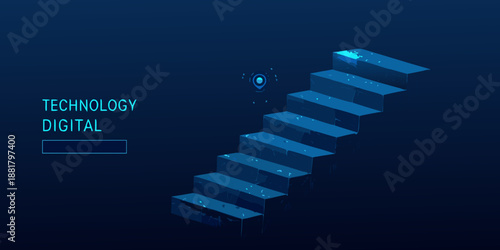 Futuristic blue staircase leading upwards with digital elements and technology text