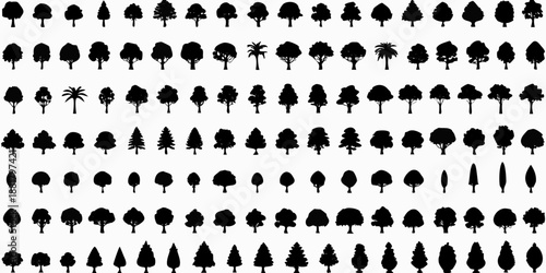 A seamless pattern of diverse tree silhouettes against a white background