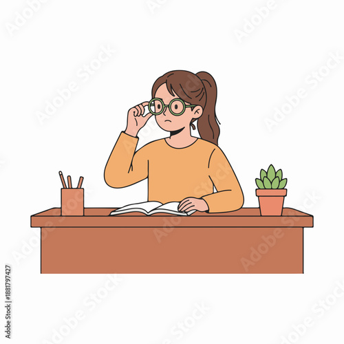 Girl adjusting glasses while studying at a desk. Flat design vector illustration of a child reading a book. Student learning concept isolated on white background