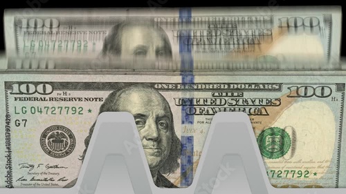 Stylized money counting machine animation with 100 US dollar bills. Seamless stop motion loop of cash laundering, shadow economy, cash flow, jackpot and financial wealth generation in lo-fi vox style