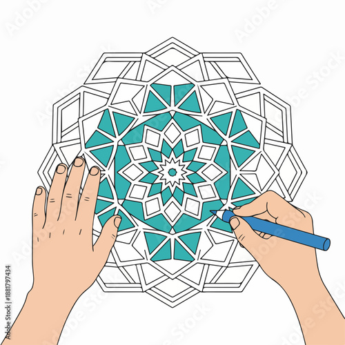 Hands coloring a geometric mandala. Art therapy and mindfulness concept. Flat vector illustration isolated on white background