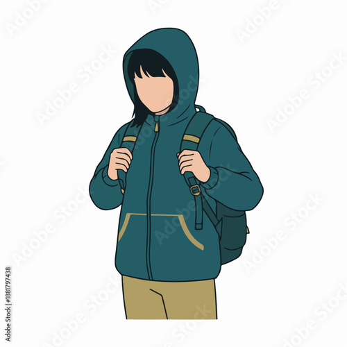 Girl adjusting backpack strap. Young woman in hooded jacket vector illustration. Flat design character isolated on white. Travel and education concept