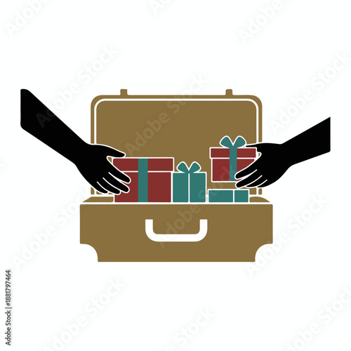 Man packing suitcase with gifts. Silhouette hands placing gift boxes in luggage. Flat design vector illustration isolated on white background