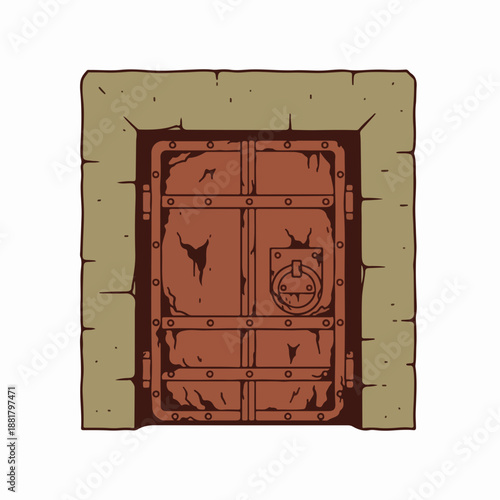 Old bunker entrance with rusted metal door. Vector illustration of a concrete portal. Post-apocalyptic vault gate. Hand-drawn style graphic isolated on white background