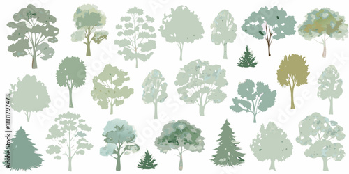 Collection of watercolor style trees in various shapes and muted green tones